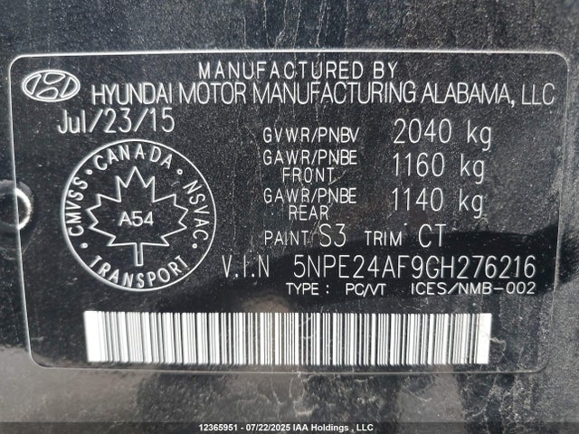 5NPE24AF9GH276216 Hyundai dohc gdi theta-ii