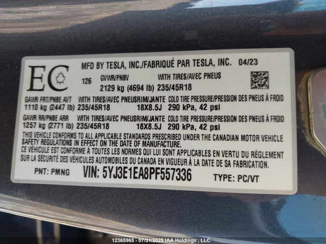 5YJ3E1EA8PF557336 Tesla 2023