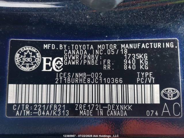 Toyota 2zr-fe 2018 2T1BURHE8JC110366 Image 9