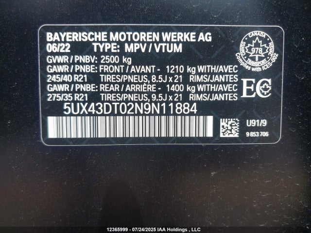 5UX43DT02N9N11884 BMW 2022