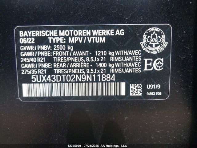 5UX43DT02N9N11884 BMW 2022