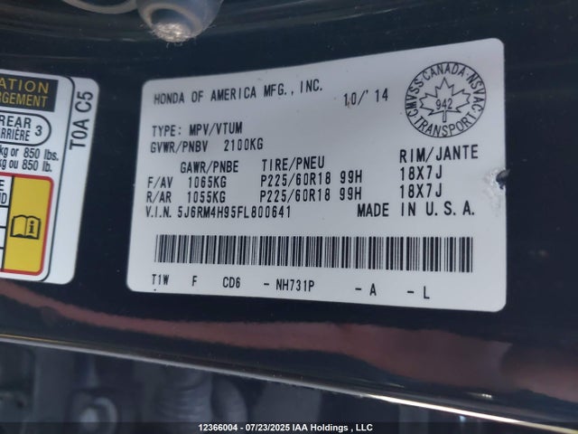 Honda k24w9 2015 5J6RM4H95FL800641 Image 9