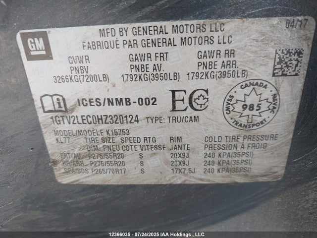 1GTV2LEC0HZ320124 GMC l83 -spark ignited direct injection, variable valve timing, afm, e85 max, alum