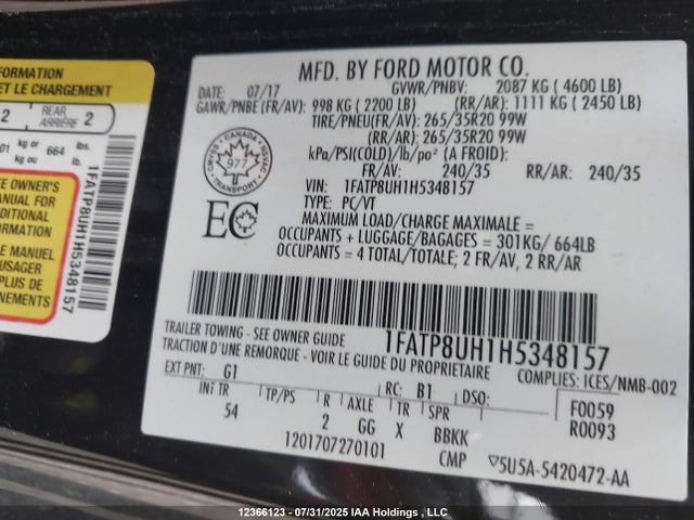 1FATP8UH1H5348157 Ford 2.3l 4v premium fuel