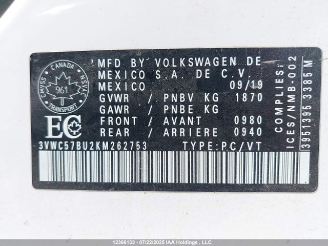 3VWC57BU2KM262753 Volkswagen 1.4 tsi