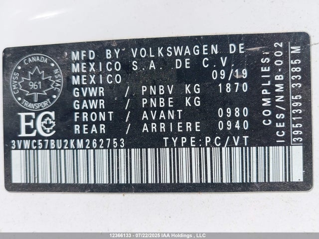 3VWC57BU2KM262753 Volkswagen 1.4 tsi