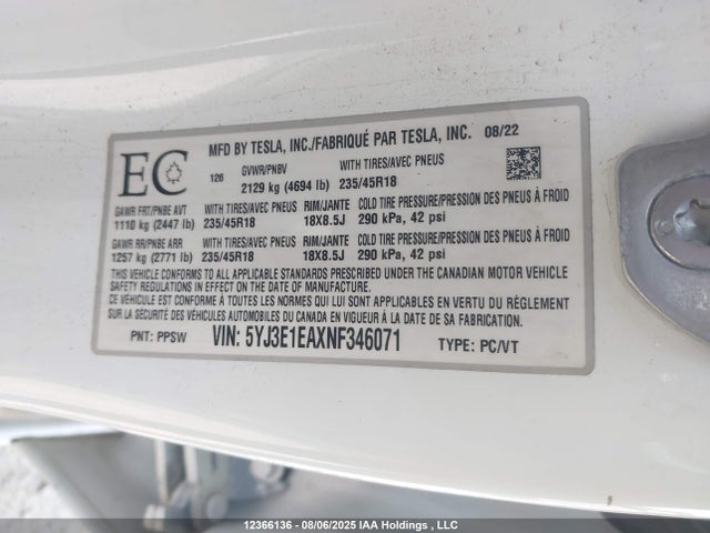 5YJ3E1EAXNF346071 Tesla 2022