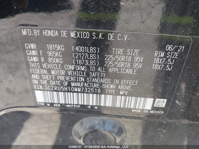 3CZRU5H10MM732518 Honda r18z9