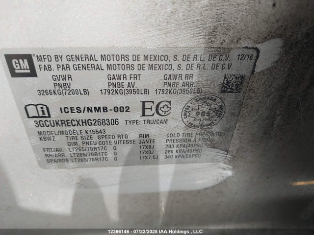 3GCUKRECXHG268306 Chevrolet l83 - sidi: spark ignited direct injection, vvt: variable valve timing, afm, e85 max, alum