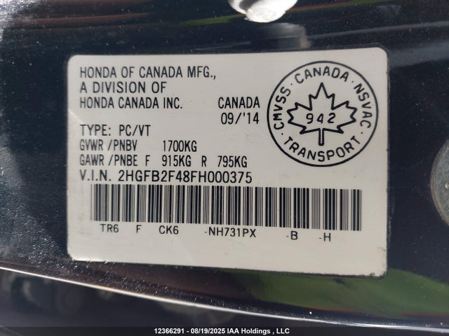 Honda r18z1 2015 2HGFB2F48FH000375 Image 18