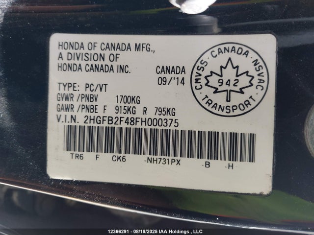 Honda r18z1 2015 2HGFB2F48FH000375 Image 9