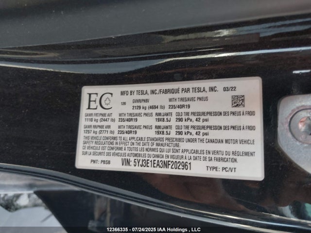 5YJ3E1EA3NF202961 Tesla MODEL 3