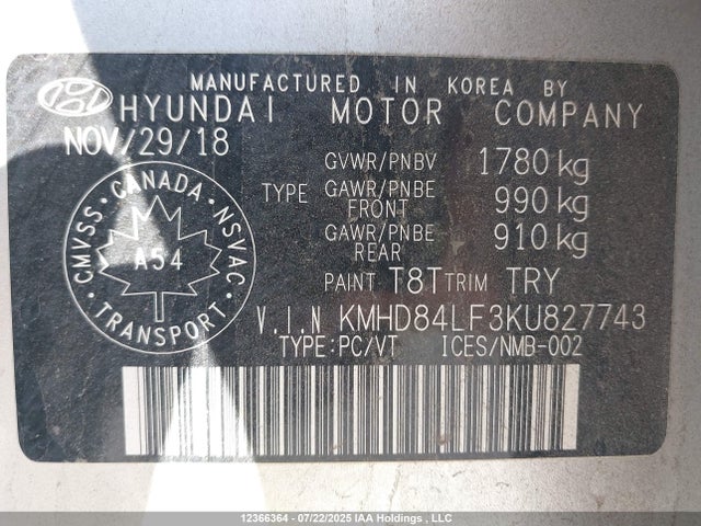 KMHD84LF3KU827743 Hyundai mpi nu