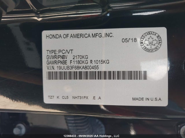 Acura j35y6 2019 19UUB3F68KA800455 Image 9