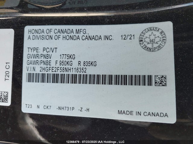 Honda k20c2 2022 2HGFE2F58NH116352 Image 9