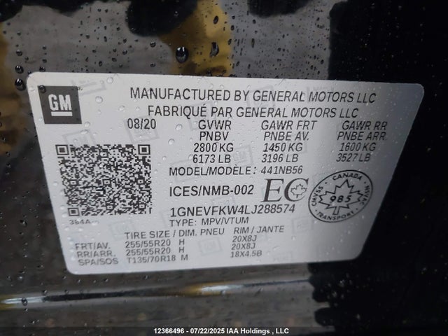 1GNEVFKW4LJ288574 Chevrolet lfy - spark ignited direct injection, atss, gen 1
