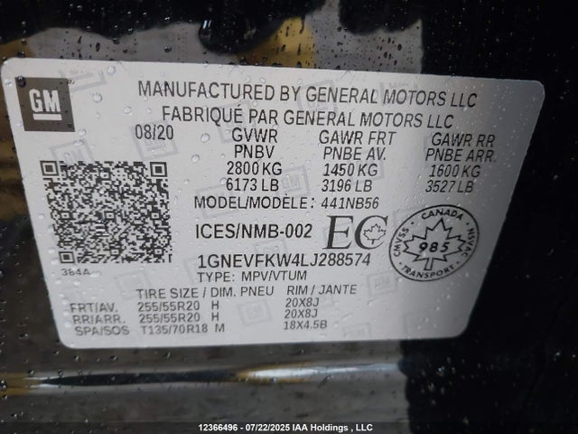 1GNEVFKW4LJ288574 Chevrolet lfy - spark ignited direct injection, atss, gen 1