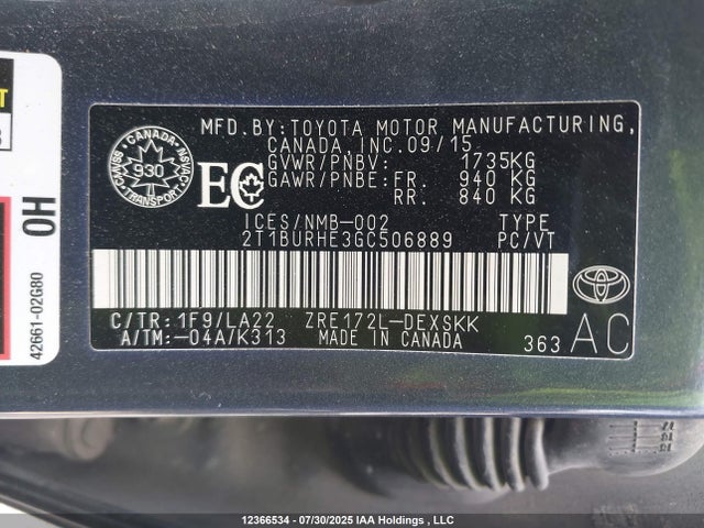 2T1BURHE3GC506889 Toyota 2zr-fe
