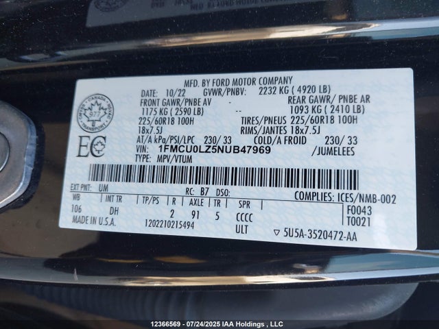 2022 Ford Escape Phev Titanium მანქანა იყიდება აუქციონზე, vin: 1FMCU0LZ5NUB47969, აუქციონის ნომერი: 12366569