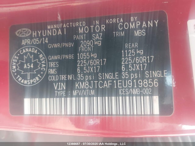 KM8JTCAF1EU919856 Hyundai gdi nu
