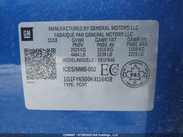 1G1FY6S00K4116418 Chevrolet 2019
