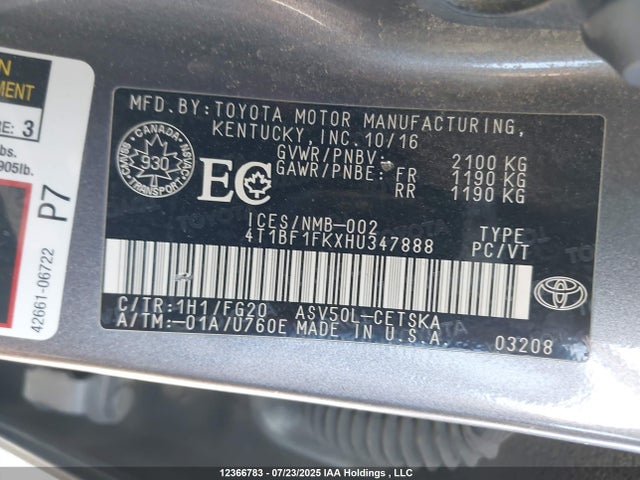 4T1BF1FKXHU347888 Toyota 2ar-fe