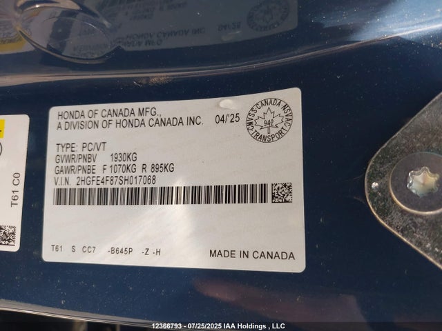 Honda lfc3 2025 2HGFE4F87SH017068 Image 9