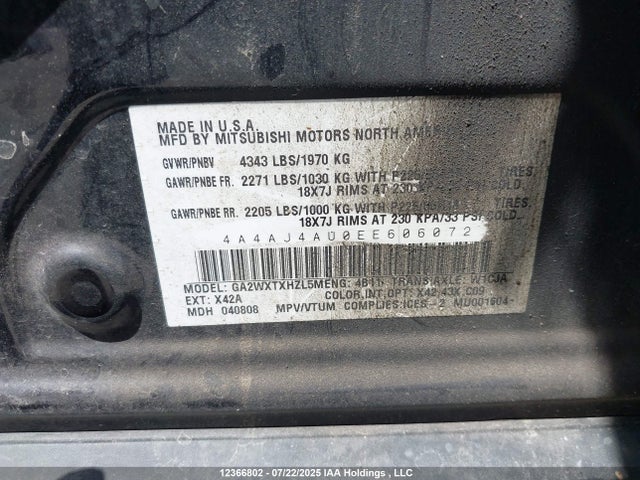 Mitsubishi dohc mivec 2014 4A4AJ4AU0EE606072 Image 9