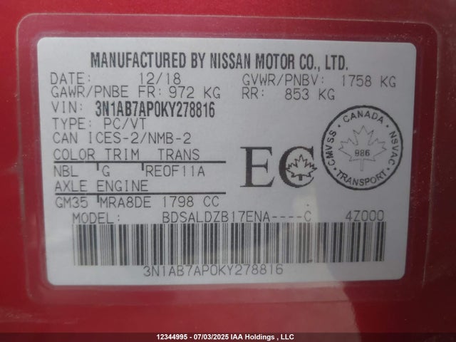 3N1AB7AP0KY278816 Nissan 2019