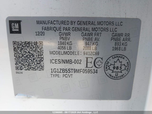 1G1ZB5ST9MF059534 Chevrolet lfv - direct injection, variable valve timing, gen 1 gmna