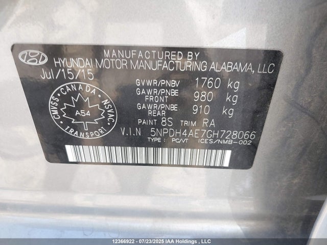 Hyundai dohc mpi nu 2016 5NPDH4AE7GH728066 Image 9