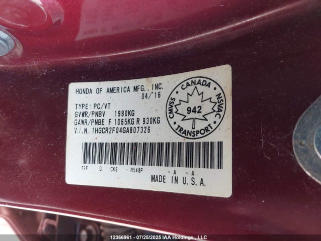 1HGCR2F04GA807326 Honda k24w1