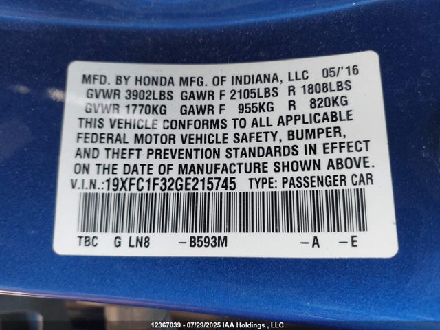 Honda l15b7 2016 19XFC1F32GE215745 Image 9
