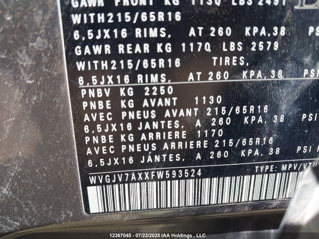 WVGJV7AXXFW593524 Volkswagen 2015