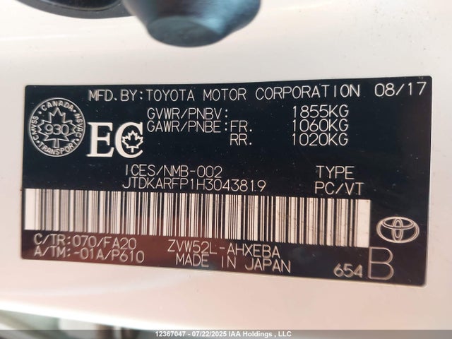Toyota 2zr-fxe+1nm 2017 JTDKARFP1H3043819 Image 9