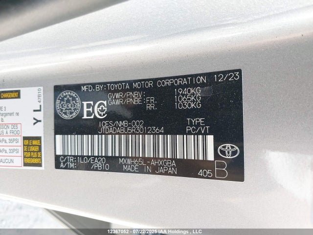 JTDADABU5R3012364 Toyota m20a-fxs