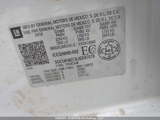 3GCUKNEC6JG597079 Chevrolet l83 - sidi: spark ignited direct injection, vvt: variable valve timing, afm, e85 max, alum