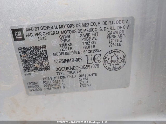 3GCUKNEC6JG597079 Chevrolet l83 - sidi: spark ignited direct injection, vvt: variable valve timing, afm, e85 max, alum