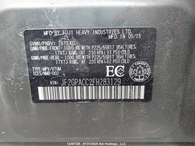 JF2GPACC2FH283129 Subaru 2.0l naturally aapirated