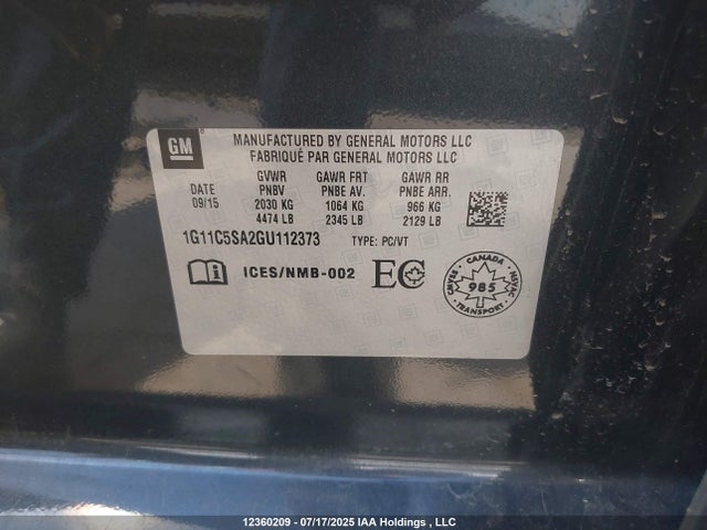 1G11C5SA2GU112373 Chevrolet lcv -sidi, dcvcp, vvt, dcvcp, e85 max, e0-e100, aluminum