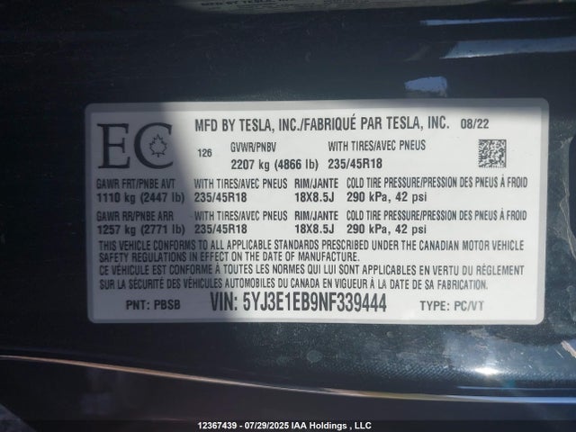 Tesla 2022 2022 5YJ3E1EB9NF339444 Image 9