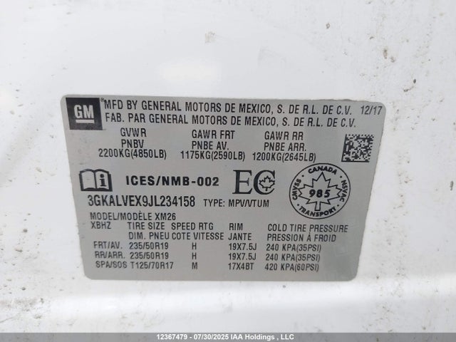 3GKALVEX9JL234158 GMC ltg - spark ignited direct injection, alum dohc, vvt, dcvcp turbo, e0-e100, alum