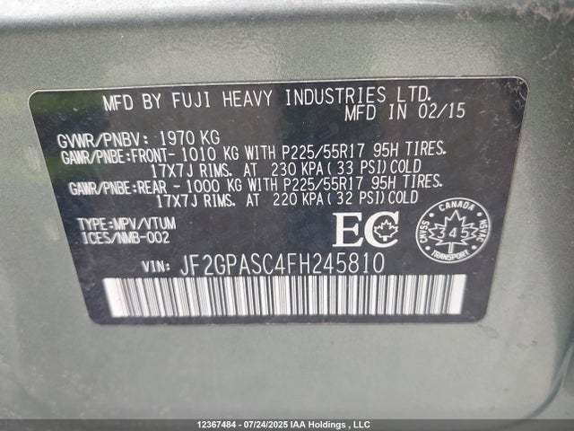 JF2GPASC4FH245810 Subaru 2.0l naturally aapirated