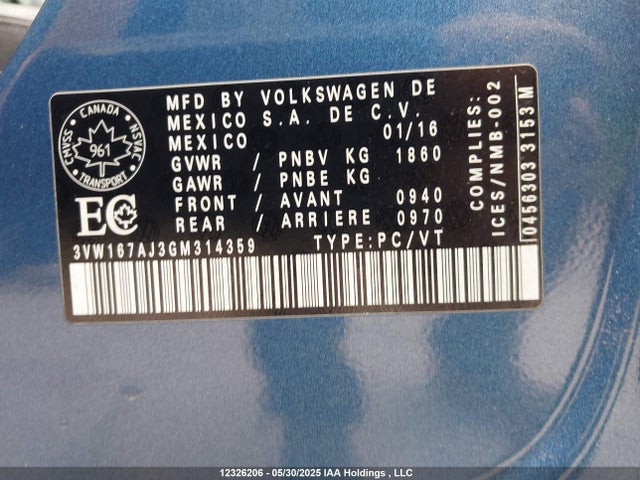 3VW167AJ3GM314359 Volkswagen 2016