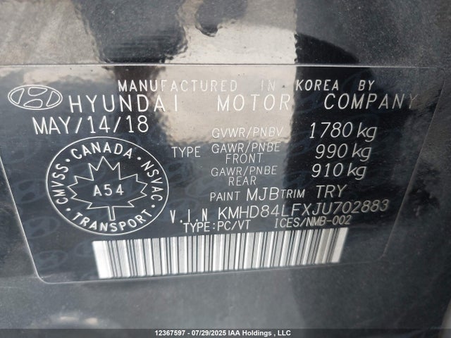 KMHD84LFXJU702883 Hyundai mpi nu
