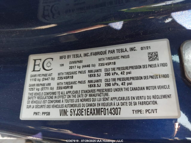 5YJ3E1EAXMF014307 Tesla MODEL 3