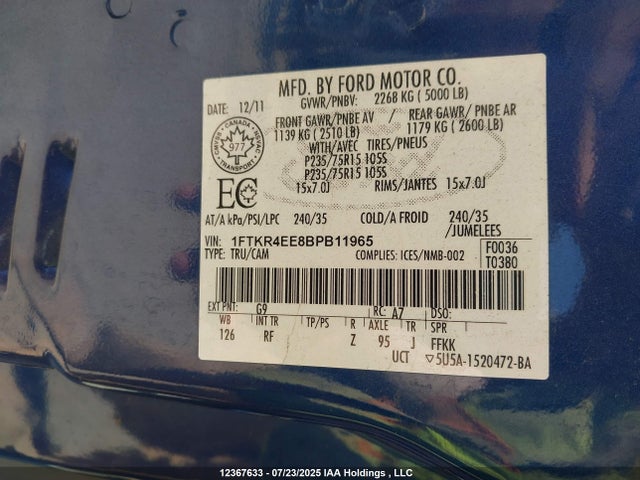 Aukcja sprzedaży 2011 Ford Ranger Super Cab, vin: 1FTKR4EE8BPB11965, numer aukcji: 12367633