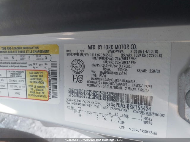 Ford Fusion 2019 3FA6P0MU8KR155424 Image 9