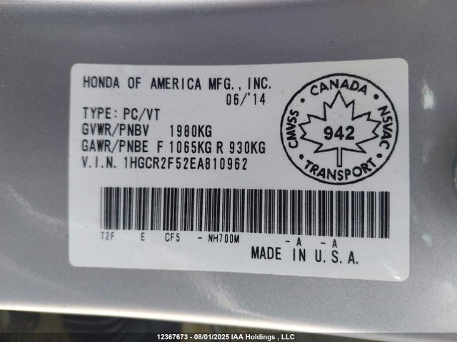 Honda k24w1 2014 1HGCR2F52EA810962 Image 19