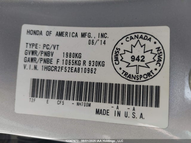 Honda k24w1 2014 1HGCR2F52EA810962 Image 9